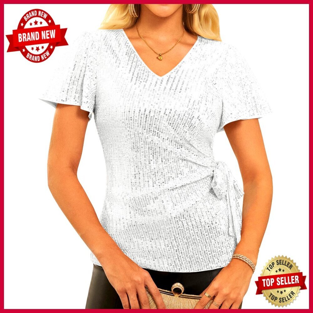 Sequin Sparkly Top Ruffle Sleeve Glitter Party Blouse Dressy Concert Disco